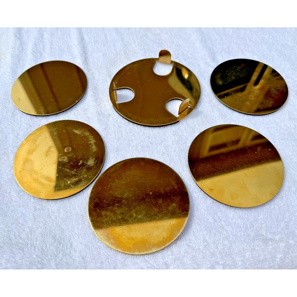Vintage Brass Tone Coaster Set 4 Round Drink Coasters Holder Mid Century Modern